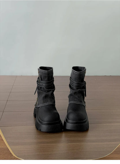 Winter Punk Style Women Ankle Boots Fashion Belt Buckle Shoes Ladies Concise Chunky Platform Heel Short Booties Zapatos De Mujer.