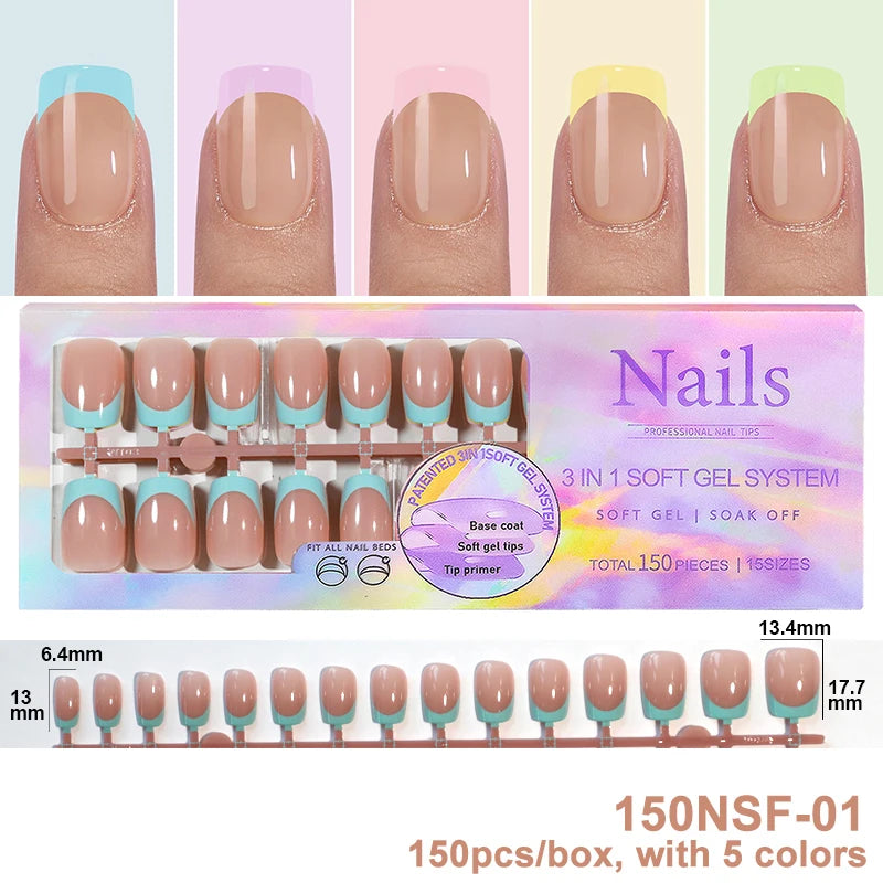 150Pcs/Box Acrylic Press on Nails Full Cover Fake False Tips Soft Gel Extension T-shaped Oval Capsule Almond Sculpted Salon DIY