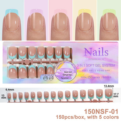 150Pcs/Box Acrylic Press on Nails Full Cover Fake False Tips Soft Gel Extension T-shaped Oval Capsule Almond Sculpted Salon DIY
