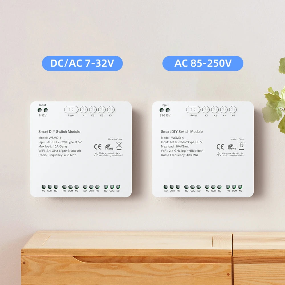 AVATTO Tuya WiFi 4-Kanal-Schaltmodul, 7–32 V/85–250 V RF433 Fernbedienungsrelais-DIY-Modul, funktioniert mit Alexa, Google Home, Alice.