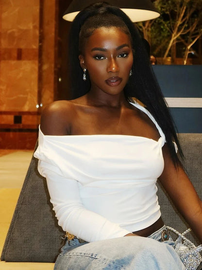 kliou Incline Shoulder Women T-shirts Classic New All-matched Single Sleeve Strap Skinny Crop Tees Mujer Chic Fashion Street Top.