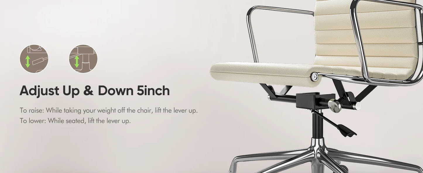 Weiße Drehstühle aus echtem Leder mit mittlerer Rückenlehne, ergonomischer Bürostuhl, verstellbarer drehbarer Gaming-Stuhl aus Leder, gerippter Bürostuhl