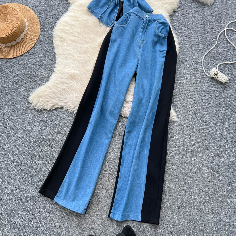 Denim Two Piece Sets Women Jeans Suit Lace Y2k Top Wide Leg Pants Zipper Lace Up Patchwork Trousers Outfits Ensemble Summer 2025.