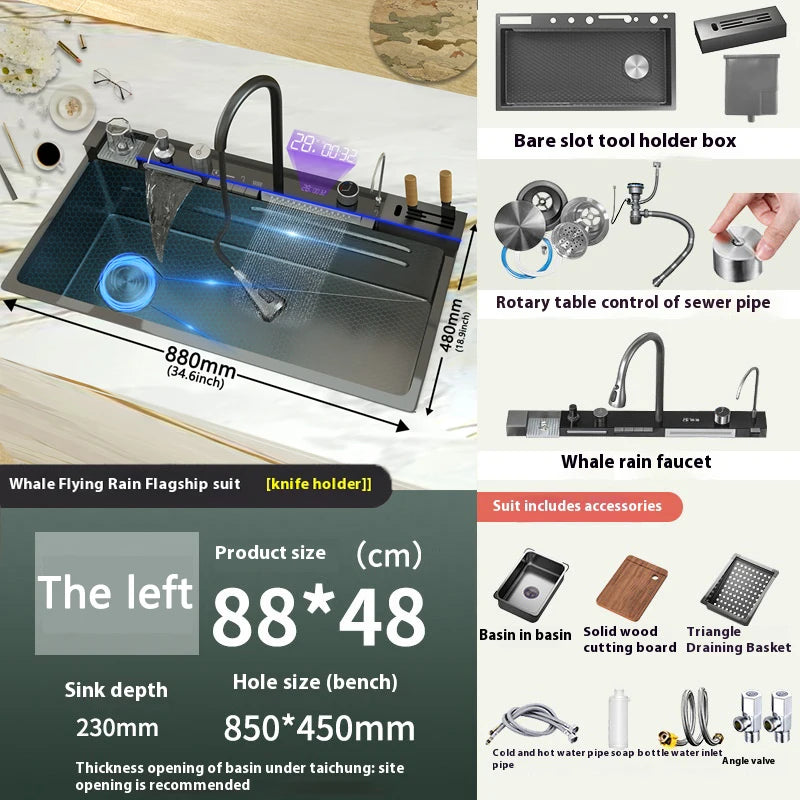 Stainless Steel Kitchen Sink Multifunctional Digital Display Dishwash Sinks Waterfall Large Single Slot Wash Vegetables Basin
