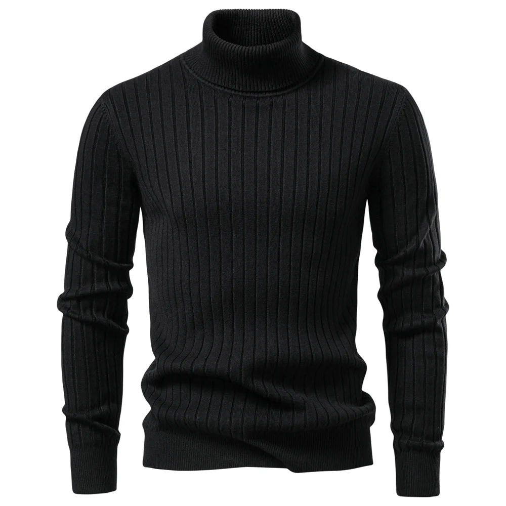 AIOPESON Men's Turtleneck Sweater Solid Color with Striped Pullover Warm Knitwear Winter Basic Casual High Quality Sweater Male.