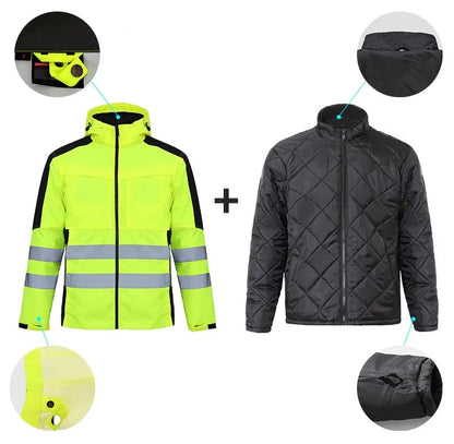 High Visibility Workwear Winter Clothes Hi Vis Suit Reflective Jacket Waterproof Winter and Pockets Reflective Work Pants Set.