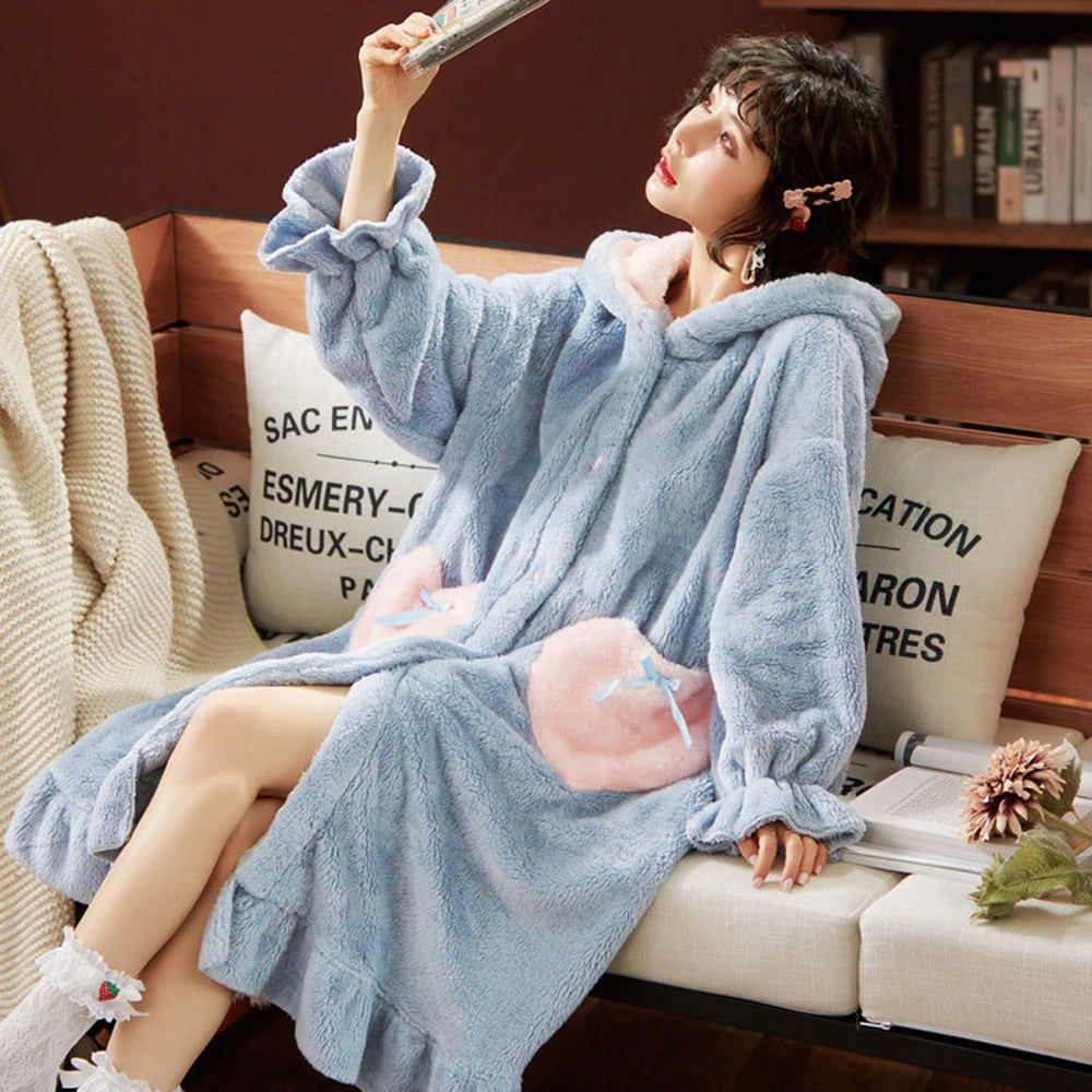 Winter Flannel Pajamas Set For Women Animal Thick Warm Sleepwear Hooded Nightgown With Pants Loose Pyjamas Suit Homewear Clothes.