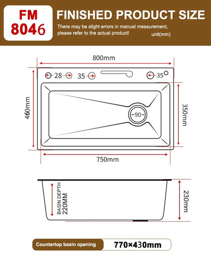 Stainless Steel Waterfall Kitchen Sink New Embossed Extra Large Single Slot Modern Digital Display Dishwashing Basin