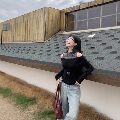 Retro American Shoulder Bared Long Sleeve T Shirt Women Spring Autumn Spicy Girl Fake Two Piece Base Shirt High Collar Polyester.