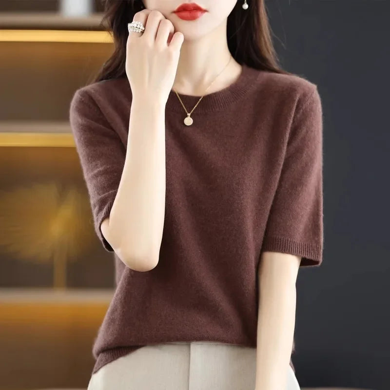 Frühling Sommer Frauen Pullover Kurzen Ärmeln Oansatz Bodenbildung Shirts Strickwaren 2024 Sommer Stricken Tops Pullover Koreanische Jumper.