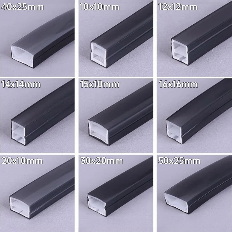 1-5m Black Silicone Tube LED Neon Light DC12V Flexible Recessed Diffuser Channel Waterproof Wall Ceiling Ribbon Rope Strip Light.