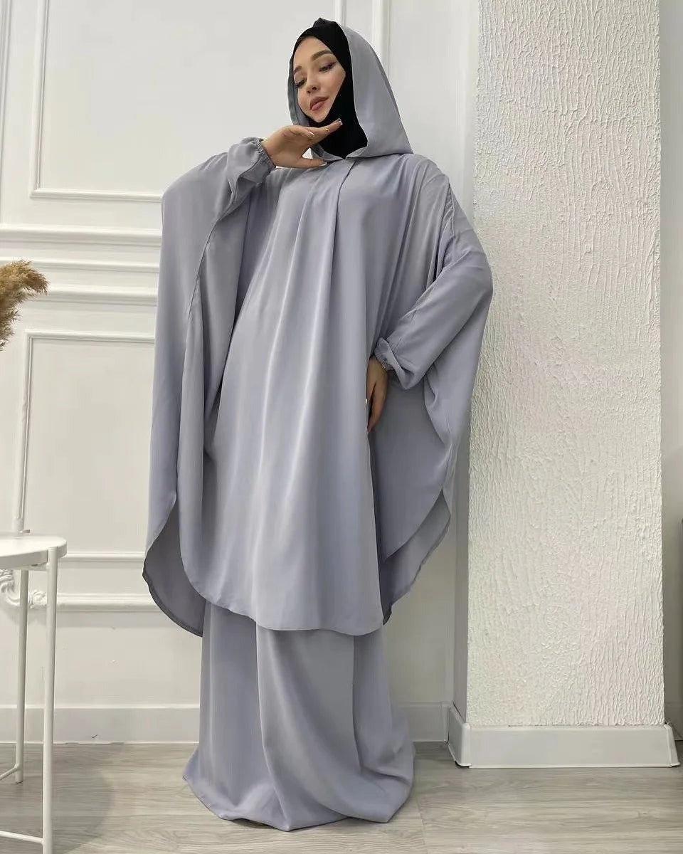 Eid Hooded Abaya 2 Piece Set Long Hijab Khimar Muslim Women Dress Prayer Jilbab Ramadan Gown Abayas Skirt Sets Islamic Clothes.