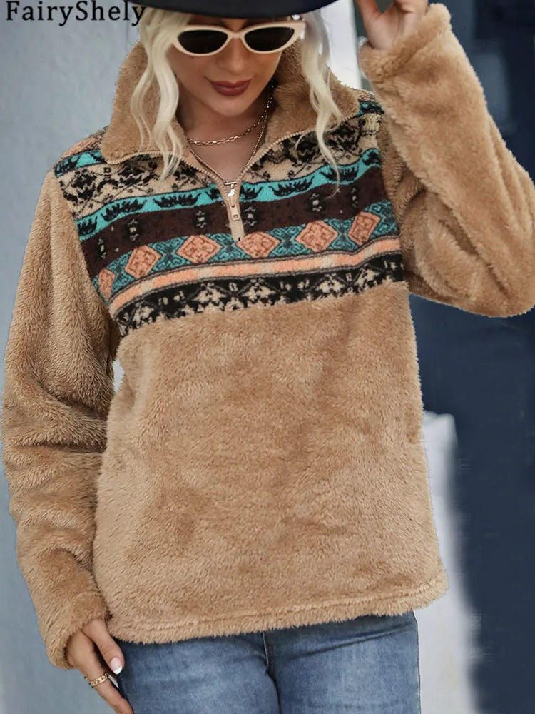 Fairyshely 2025 Winter Print Women Hoodies Casual Long Sleeve Hood Sweatshirt Loose Autumn Lady Stand Collar Plush Hoodie Tops.