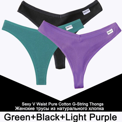 FINETOO 3PCS/Set G-string Panties Cotton Women's Underwear Sexy Panty Female Underpants Thong Solid Color Lingerie T-Back Design