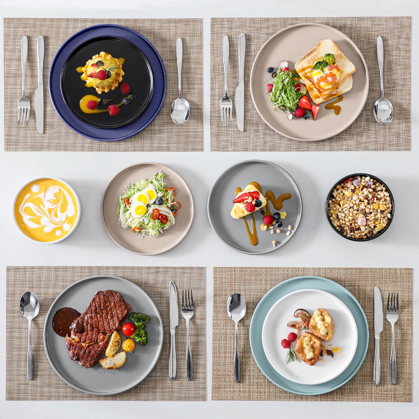 VANCASSO 6Piece Beige/WHITE/BLUE/Dark Blue/GREY/Black Stoneware Tableware Set with Dinner/Dessert Plate/Bowl For 6 Person.