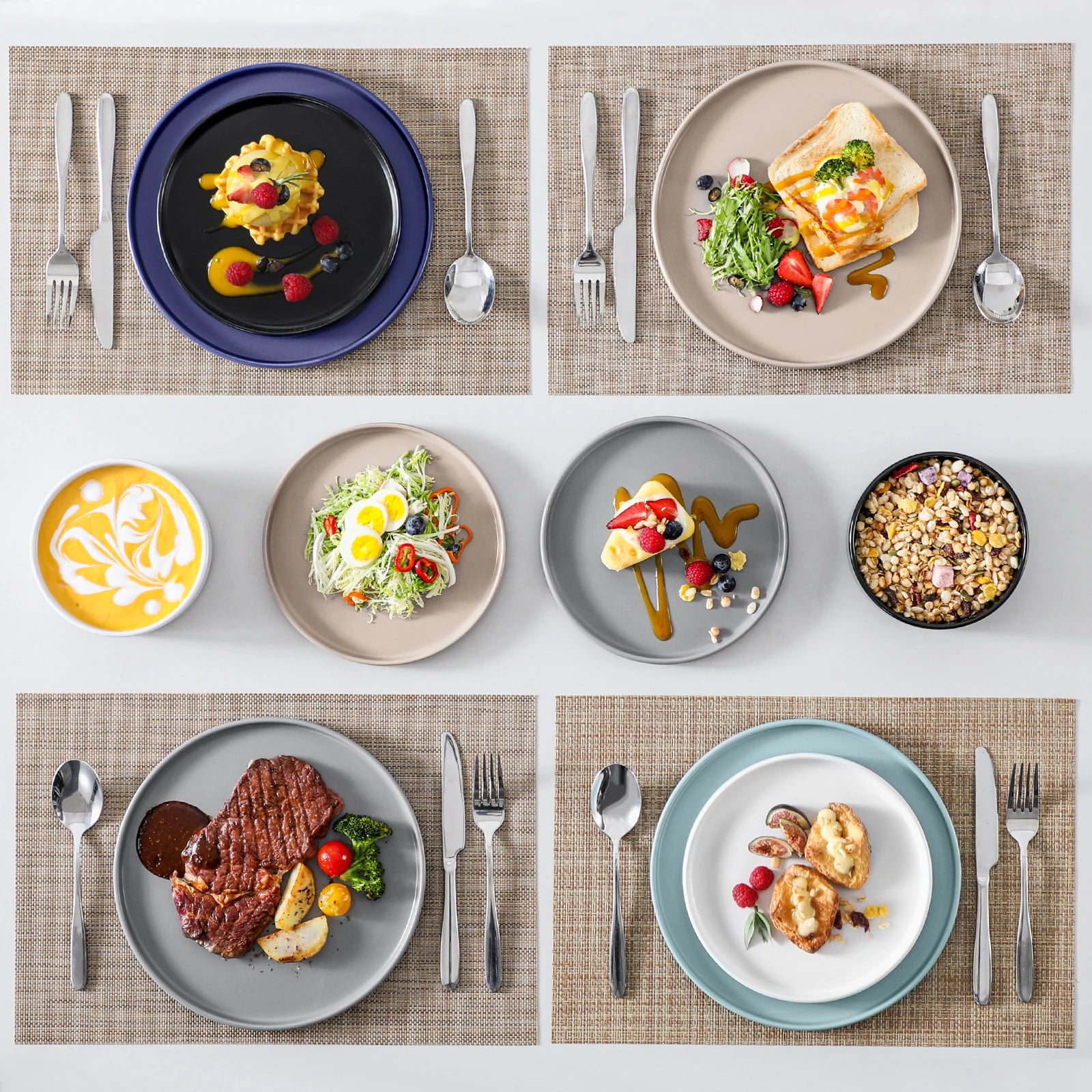 VANCASSO 6Piece Beige/WHITE/BLUE/Dark Blue/GREY/Black Stoneware Tableware Set with Dinner/Dessert Plate/Bowl For 6 Person.