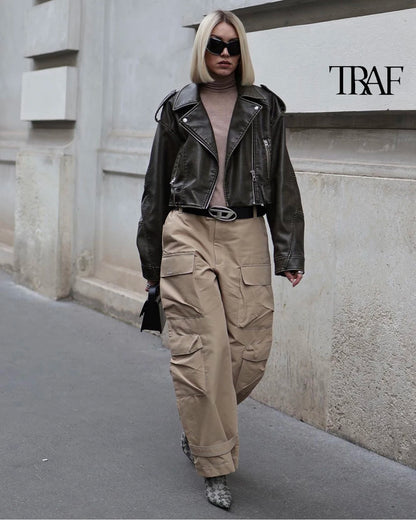 TRAF Damen Vintage lose Lederjacke Gürtel Schulter Abzeichen Zip Revers Jacke Handsome Washed Leder Motorrad Kleidung.