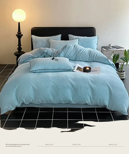 2024 new matte thin strip shell edge winter bed four-piece set milk fleece coral fleece thickened warm bed sheet quilt cover.