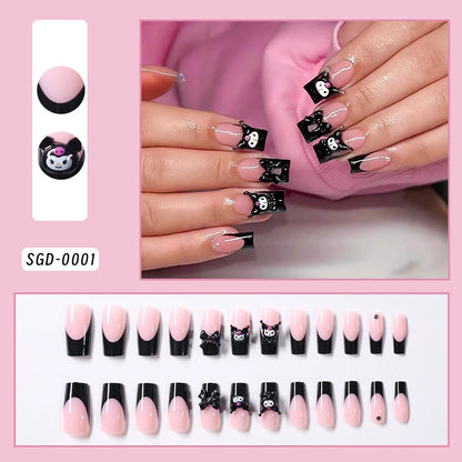 24Pcs Long Square Pink Hello Kitty False Nails French Wearable Full Cover Fake Nails Kitty Cat Bow Heart Design Press On Nails