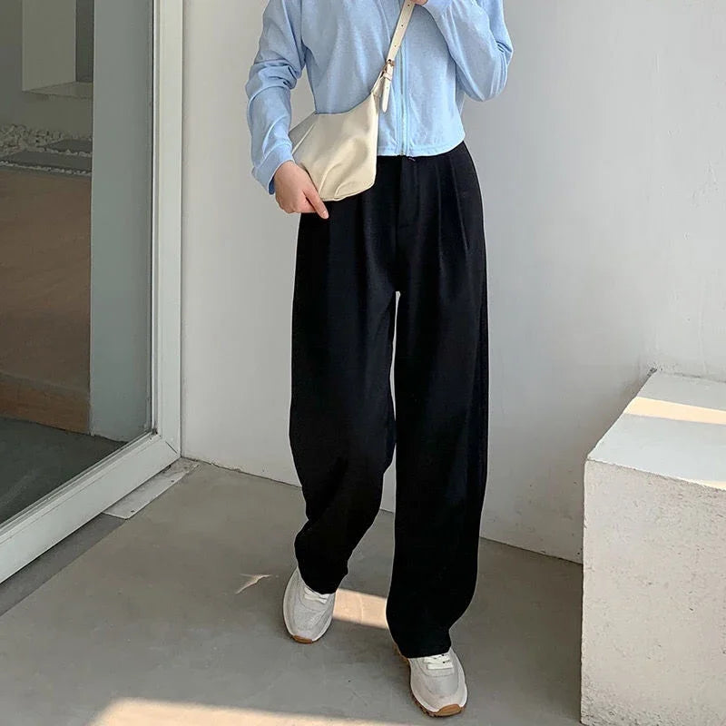 Hohe Taille Frauen Anzug Hosen fallen gerade Büro Damen koreanische Mode Hosen lässig Knopf lose weibliche schwarze Hosen neue 2024