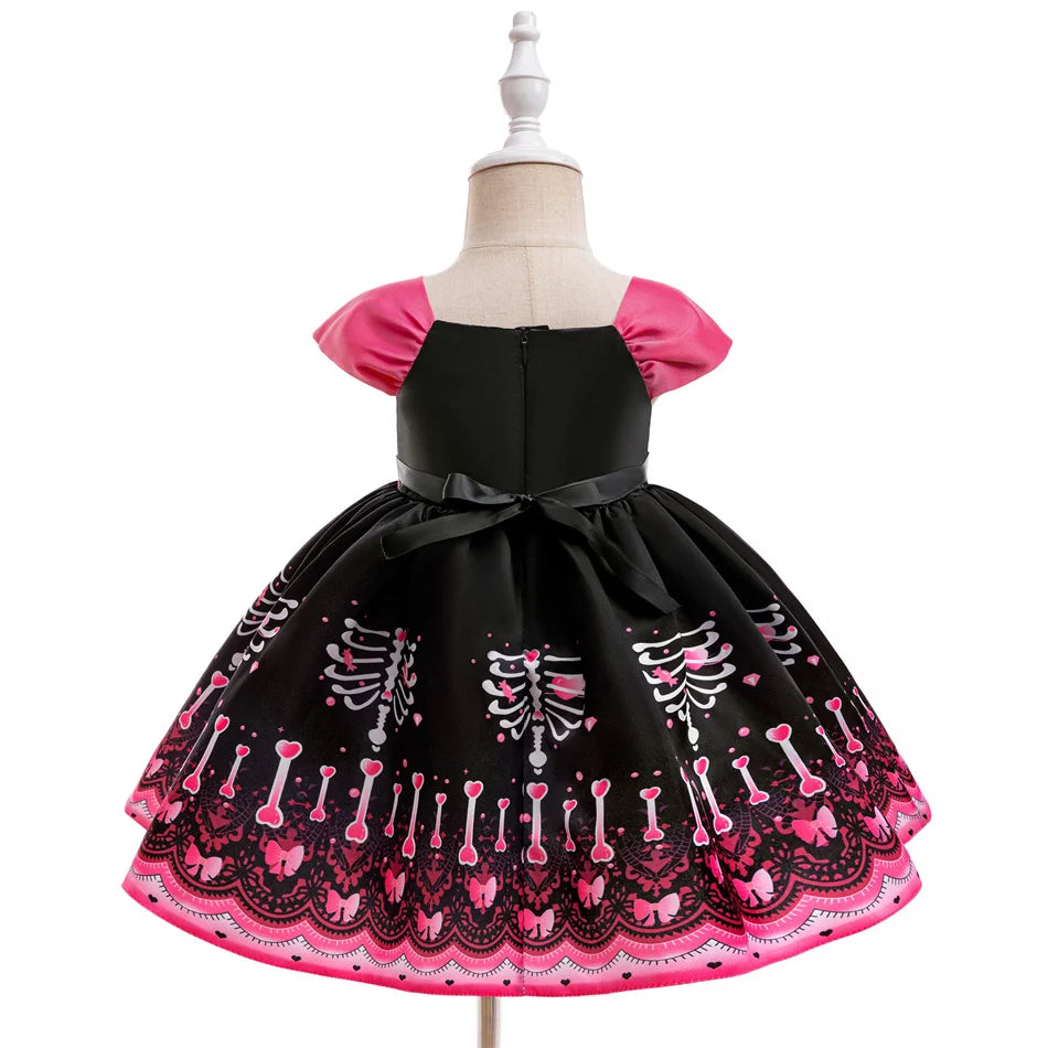 Kleinkind Halloween Kostüm Mädchen Cosplay Hexe Kürbis Skelett Druck Bowknot Kleid Kinder Festival Party Performance Kleidung.