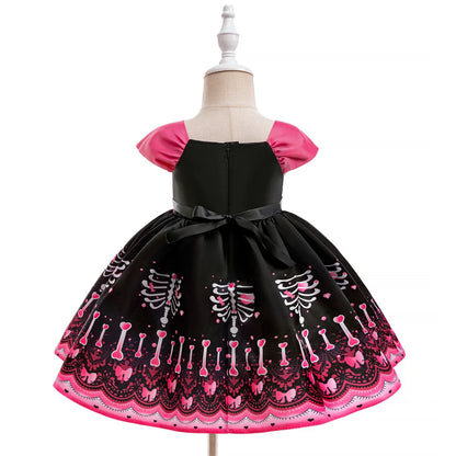 Kleinkind Halloween Kostüm Mädchen Cosplay Hexe Kürbis Skelett Druck Bowknot Kleid Kinder Festival Party Performance Kleidung.