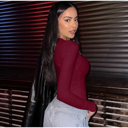 Women Tees Sexy Turtleneck Long Sleeve Pleated All-match Basic Lady T-shirts 2025 Spring Autumn Fashion Chic Female Streetwears.