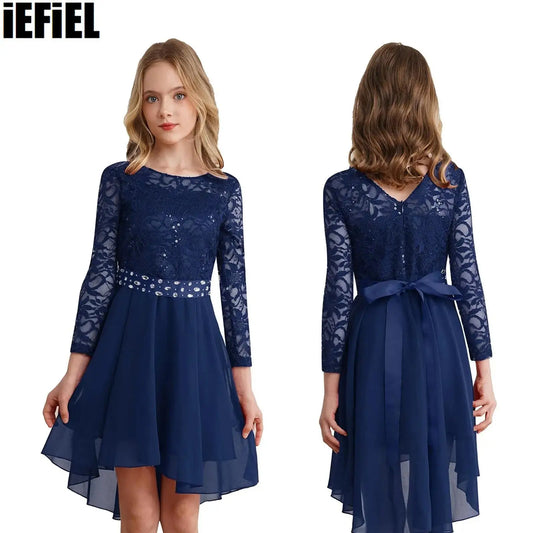 Elegantes Spitzen-Partykleid für Kinder, Mädchen, Chiffon, Spleißen, langärmelig, Kleid mit hohem und niedrigem Saum und Strass-Schärpe für Hochzeit, Geburtstag
