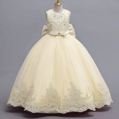 Gesticktes Mesh-Hochzeitskleid, Blumenmädchen-Performance-Mädchenkleid, 4–12 Jahre altes Mädchen-Prinzessinnenkleid mit großer Schleife.