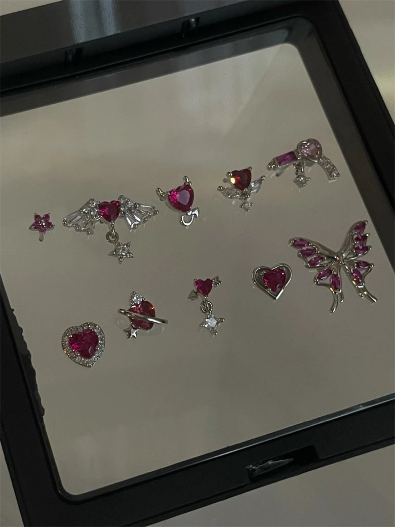 New Trendy Shiny Rose Red Color Zircon 316L Stainless Steel Ear Bone Nail Y2K Gothic Love Heart Small Earrings for Women Jewelry.