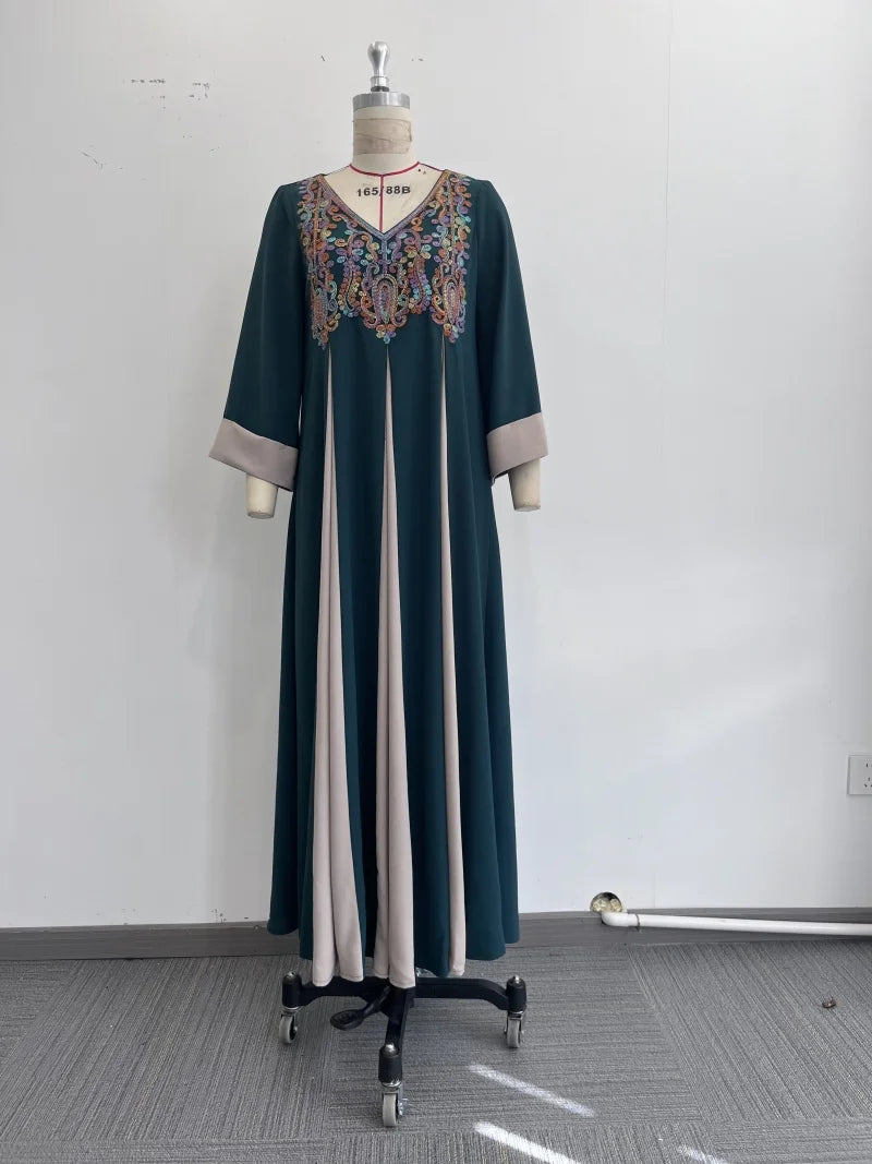 TOLEEN Damen Knöchellange Kleider Eid Al-Fitr Muslim Lose Applizierte V-Ausschnitt Langarm Damen Robe Islamisches Dubai ElegantDress.