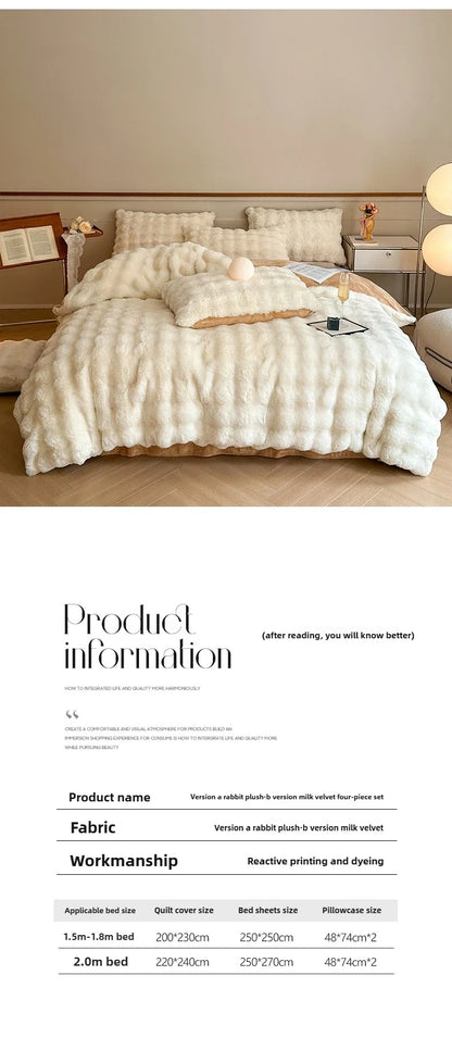 2024 new solid color colorful rabbit wool four-piece set, one side of rabbit fur and one side of milk wool thickened warm.