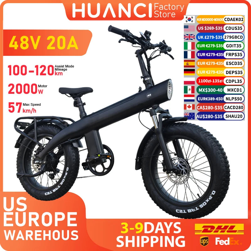 HUANCI Q3 Mountain Electric bicycle 2000W 60KM/H removable battery electric bike 48V 20AH Ebike 20Inch fat tire Off-Road e bike.