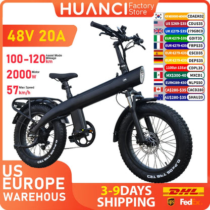 HUANCI Q3 Mountain Electric bicycle 2000W 60KM/H removable battery electric bike 48V 20AH Ebike 20Inch fat tire Off-Road e bike.