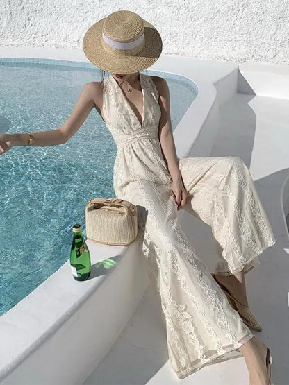 Women Beige Elegant Backless Pleated Lace Jumpsuit Summer V Neck Sleeveless High Waist Wide Leg Long Pant Rompers Sexy Club Chic.