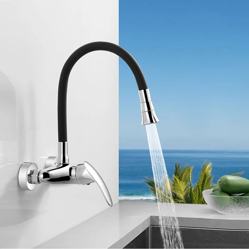 LANGYO Hot and cold wall faucet Kitchen sink mixer Double hole faucet Universal rotation Copper faucet Basin Wash hand basin tap