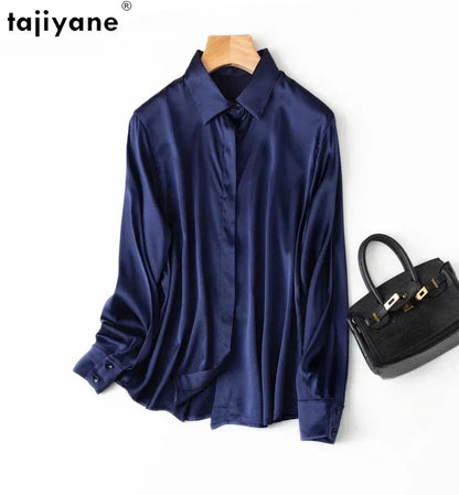 Tajiyane Damen-Langarmshirt aus 93 % Maulbeerseide, 7 % Elasthan, 19 Momme, Satin-Seidenknöpfe, Oberteil, Bluse, Büroarbeit, Chemise Femme