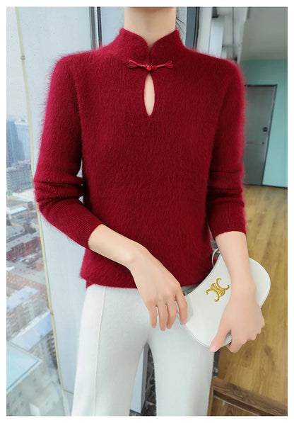 2024 autumn winter new 100% mink cashmere sweater women's pullover slim-fit long sleeve solid color stand collar bottom knitwear
