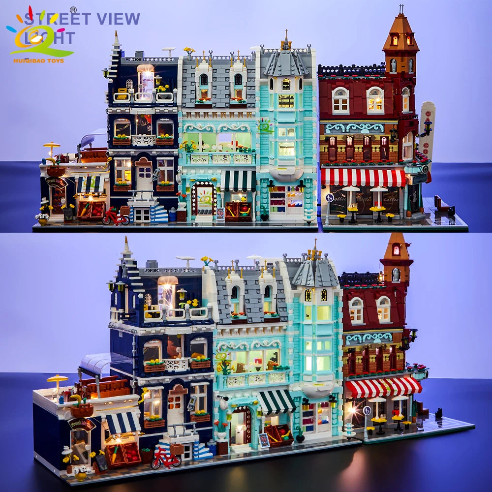 HUIQIBAO Toys MOC City Corner Coffee Shop Architecture Style Street View Micro Building Blocks for Children Construction Bricks.