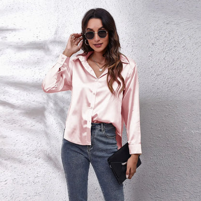 Autumn Women Solid Satin Shirt Long Sleeve Imitation Silk Loose Button Up Blouse Shirt Ladies Tops Fashion Clothing.