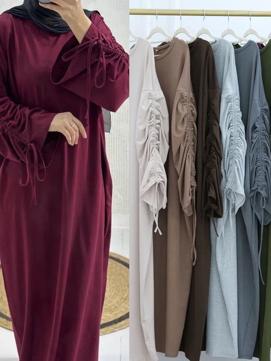 Muslim Women Arabic Dubai Abaya Drawstring sleeves Long Dress Modest Ramadan Kaftan Robe Femme musulmane Islam Clothing Kebaya.