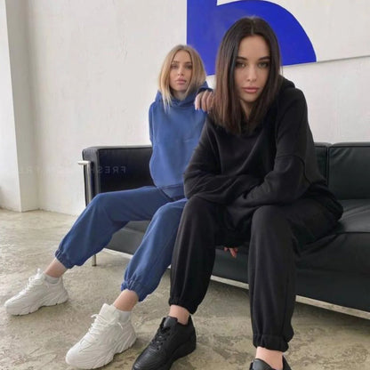 Women's Pocket Long-sleeved Hooded Sweatshirt Casual Set Autumn Winter New Solid Color Loose Sport Long Pants 2 Piece Set Female.