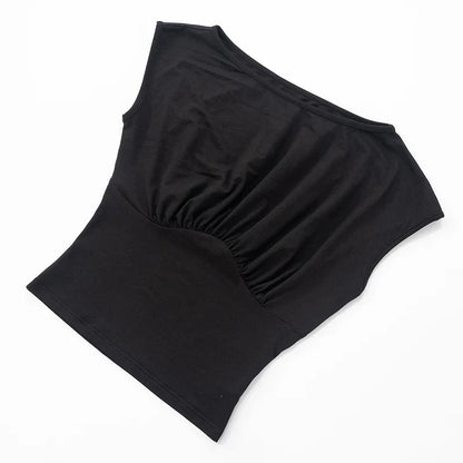 Solid Color One Shoulder Slant Neck Waist Shrinking Pleated Tank Top Women'S Summer New Casual Simple Fashion Tank Top.