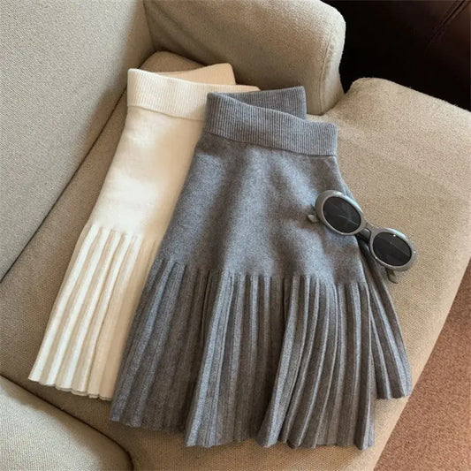 Pleated Mini Skirts Korean Sweet Knitted Skirts Sweet Elastic Waist Ladies Casual Youthful For Women's Clothes Solid Fashion New.