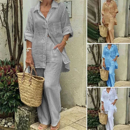 New Cotton Linen Suit Women's Tracksuit Oversize Shirt Loose Pants Set Female Trendy Daily Casual Fashion Ladies 2 Piece Sets.