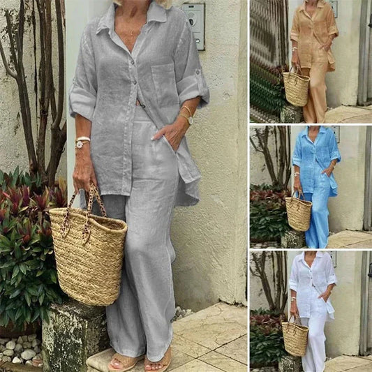New Cotton Linen Suit Women's Tracksuit Oversize Shirt Loose Pants Set Female Trendy Daily Casual Fashion Ladies 2 Piece Sets.