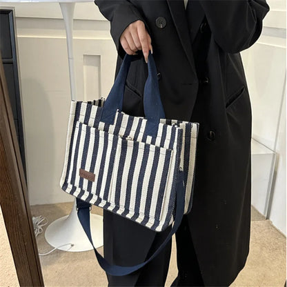 Cool Street Handbag, Large Capacity Women's Shoulder Bag, Trendy Striped Canvas Crossbody Bag, Fashion Travel Shopping Tote Bag.