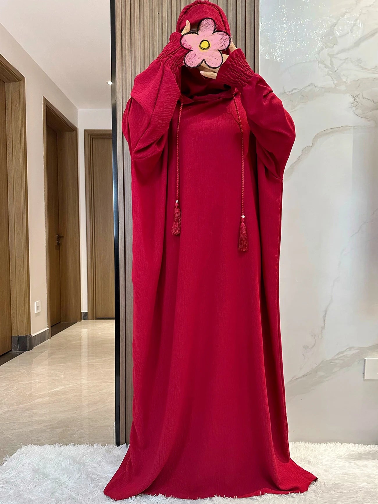 Muslim Abaya Solid Cotton Pullover Two Hat Women Eid Hooded Long Maxi Dress Turkey Kaftan Arab Robe Islamic Hijab Dubai Clothing.