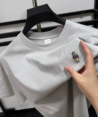 Light luxury 100% cotton men's T-shirt short sleeve round neck skin friendly comfort fashion brand cartoon bear embroidered top