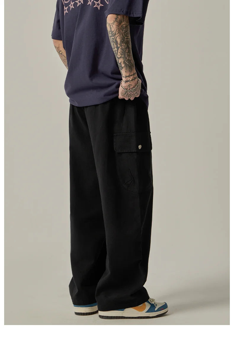 Men's Sweatpants 2025 Spring Autumn Vintage Japanese Wide Leg Straight Loose Button Big Pockets Cargo Pants Drawstring Trousers.